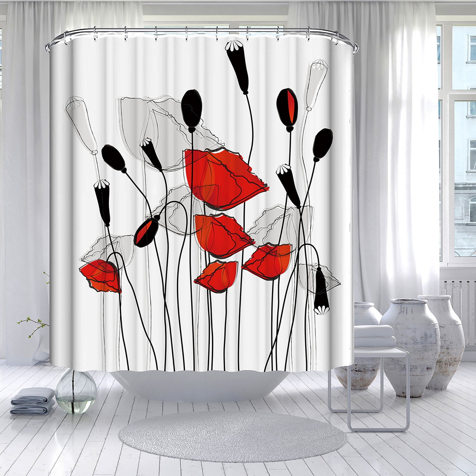 Fancy Bloom Garden Red Rose Bathroom Waterproof Fabric Shower Curtain Set 72INCH 