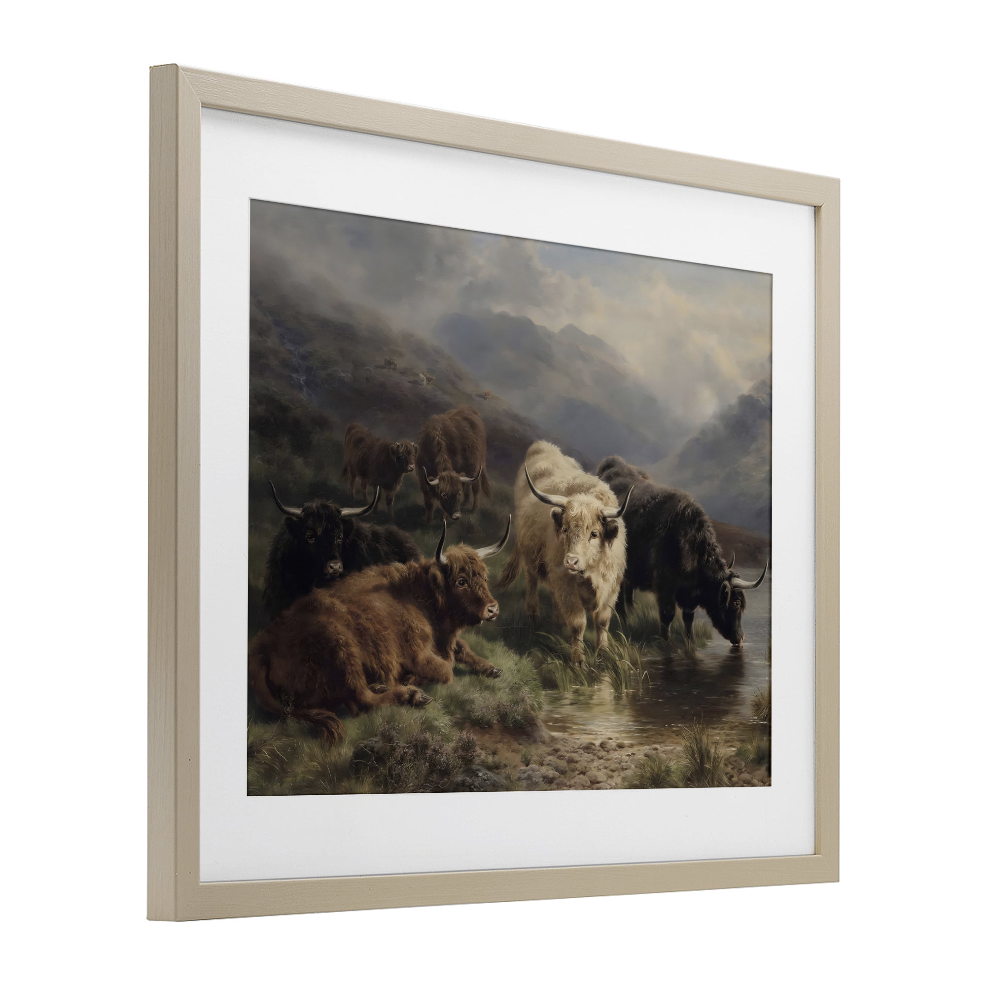 Stupell Industries Highland Cows Beside Misty Loch Birch Framed Print Under Glass, design by Arlington Prints