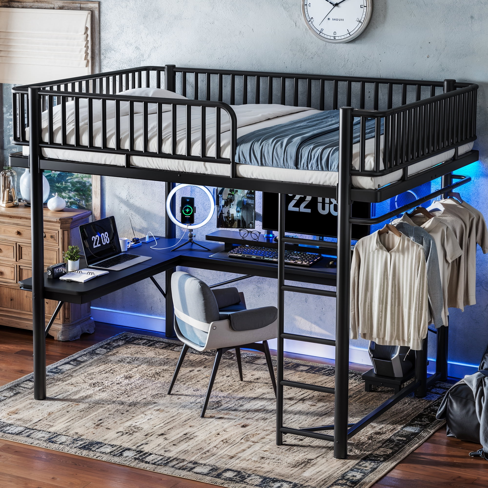Leumius Queen Loft Bed with L-Shaped Desk,LED Light Strip and Charge Station,Metal Loft Bed Frame with Computer Mainframe Tray and Hanging Area,Black