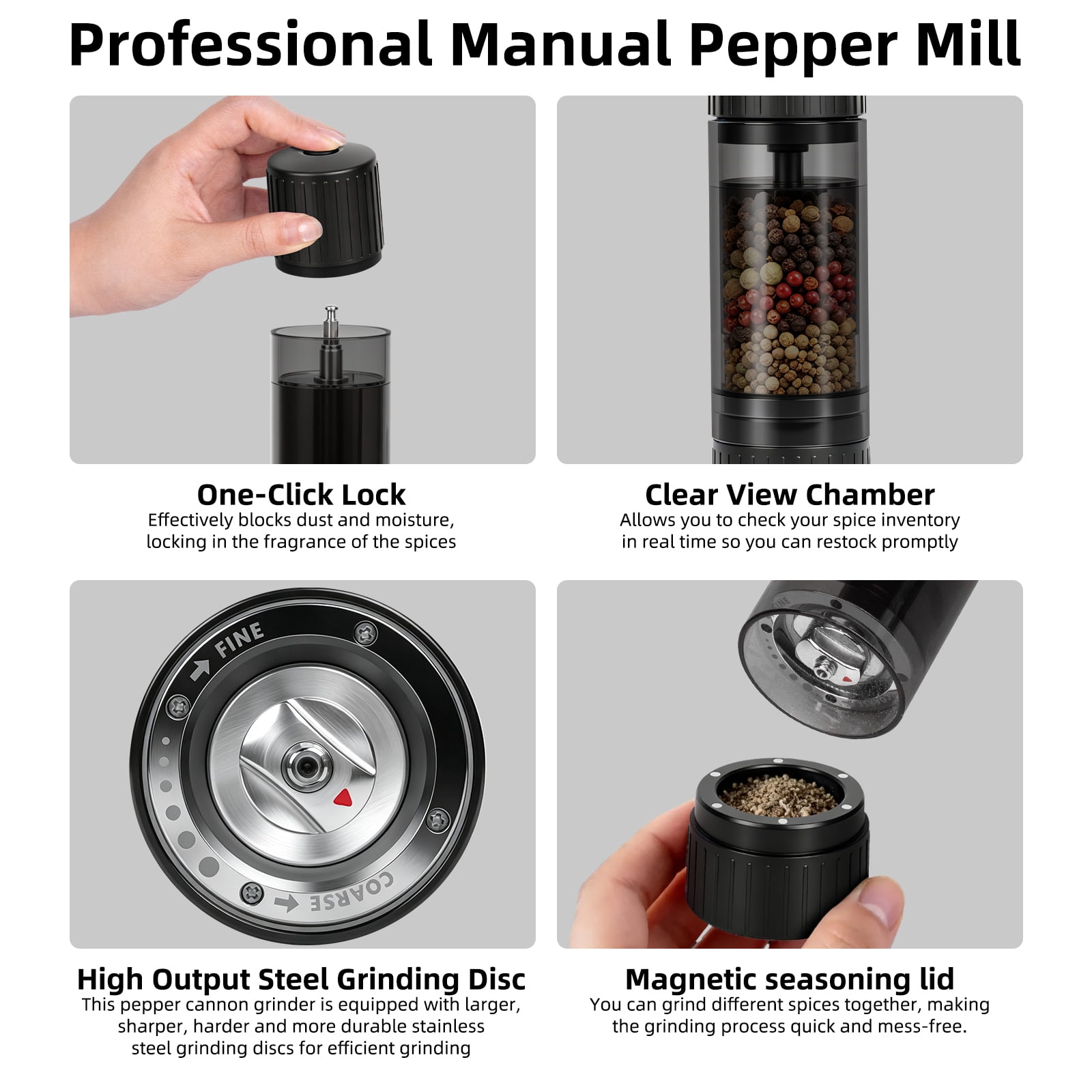 AstuteAuk High Output Pepper Mills with Magnetic Base, Adjustable Coarseness Manual Pepper Grinder with Lock, Stainless Steel Burr,