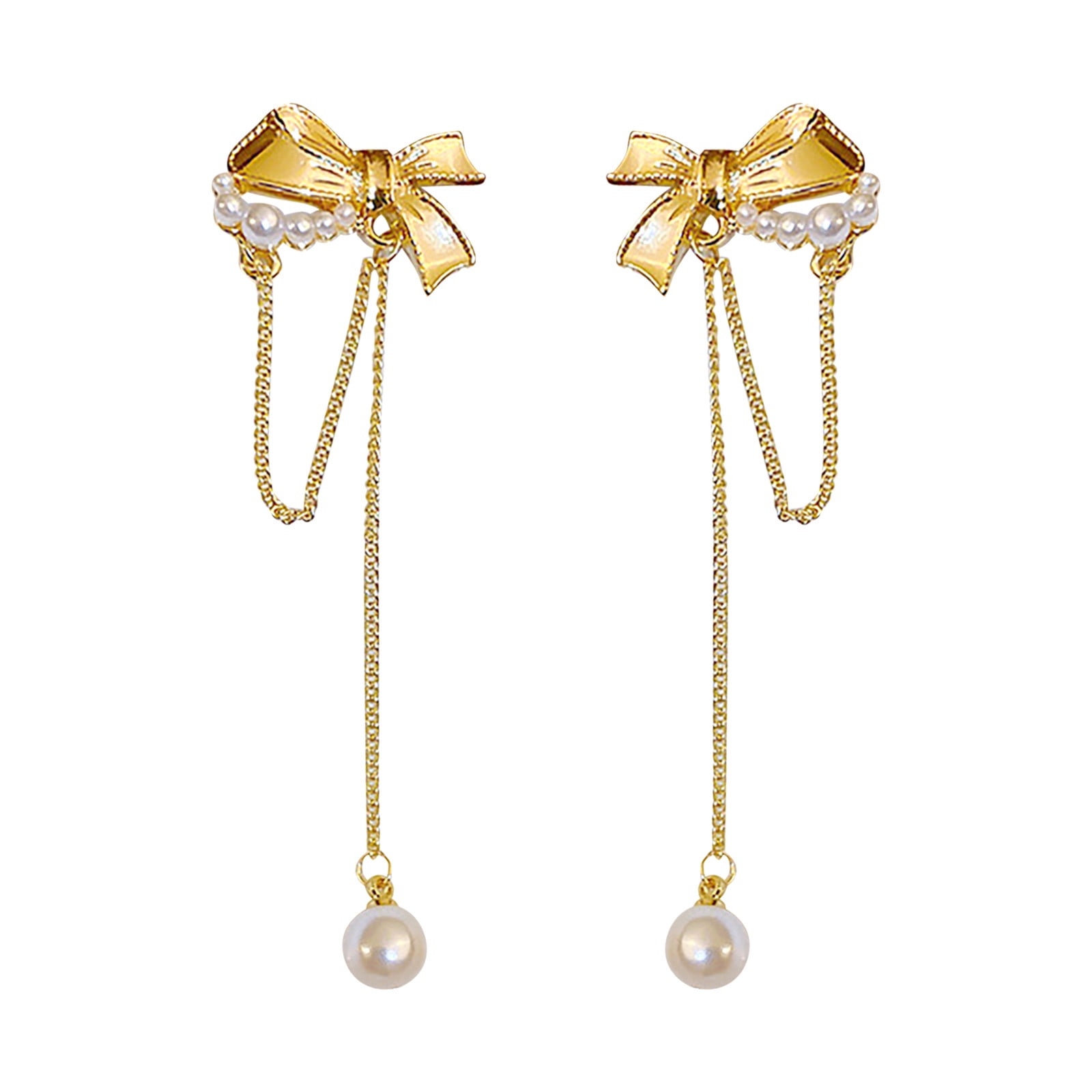 LBECLEY Pearl Drop Hoop Earrings Pearl Bow Tassel Earrings for Teen