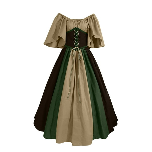 MSJUHEG Wedding Guest Dress Women'S Formal Dresses Off-The-Shoulder Short Sleeve Medieval Costume For Trumpet Shirt Dress With Corset Dress Gothic Retro Corset Dress Cocktail Dress Khaki S