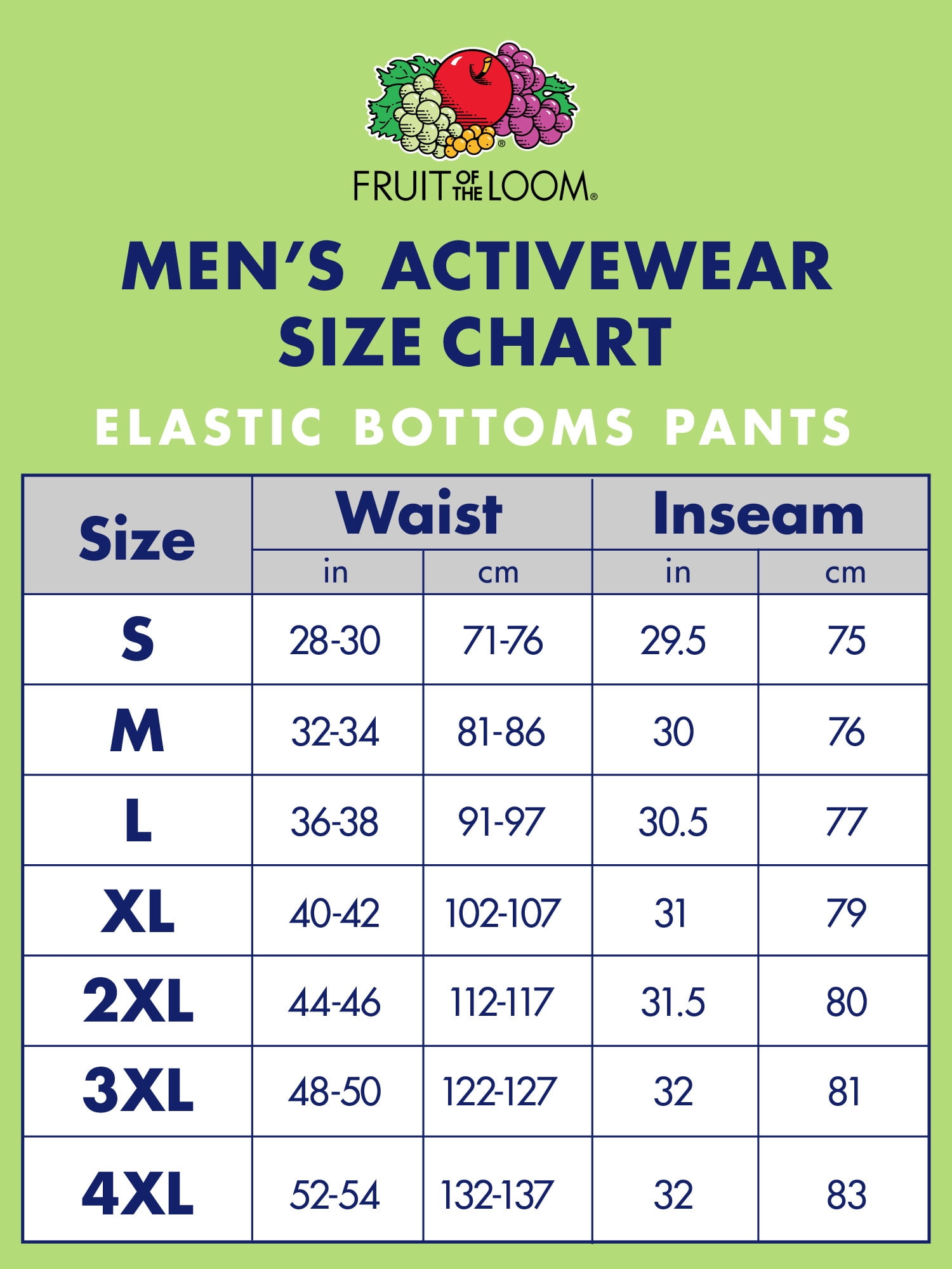 fruit of the loom men's sweatpants size chart