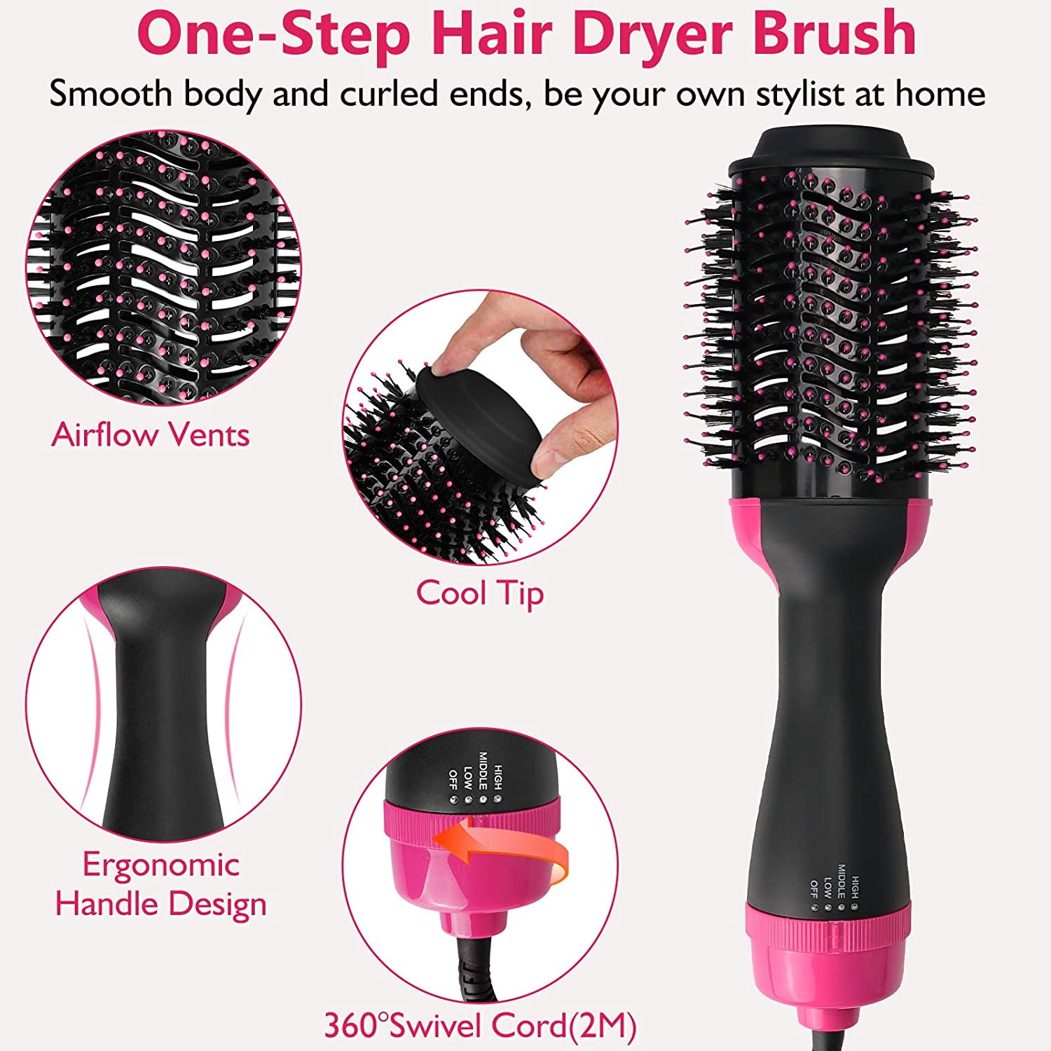 Siwtok One Step Hair Dryer Brush,Blow Dryer Brush,Professional Hot Air  Brush for Women with Negative Ions,1200W(Pink) 4 Piece Set