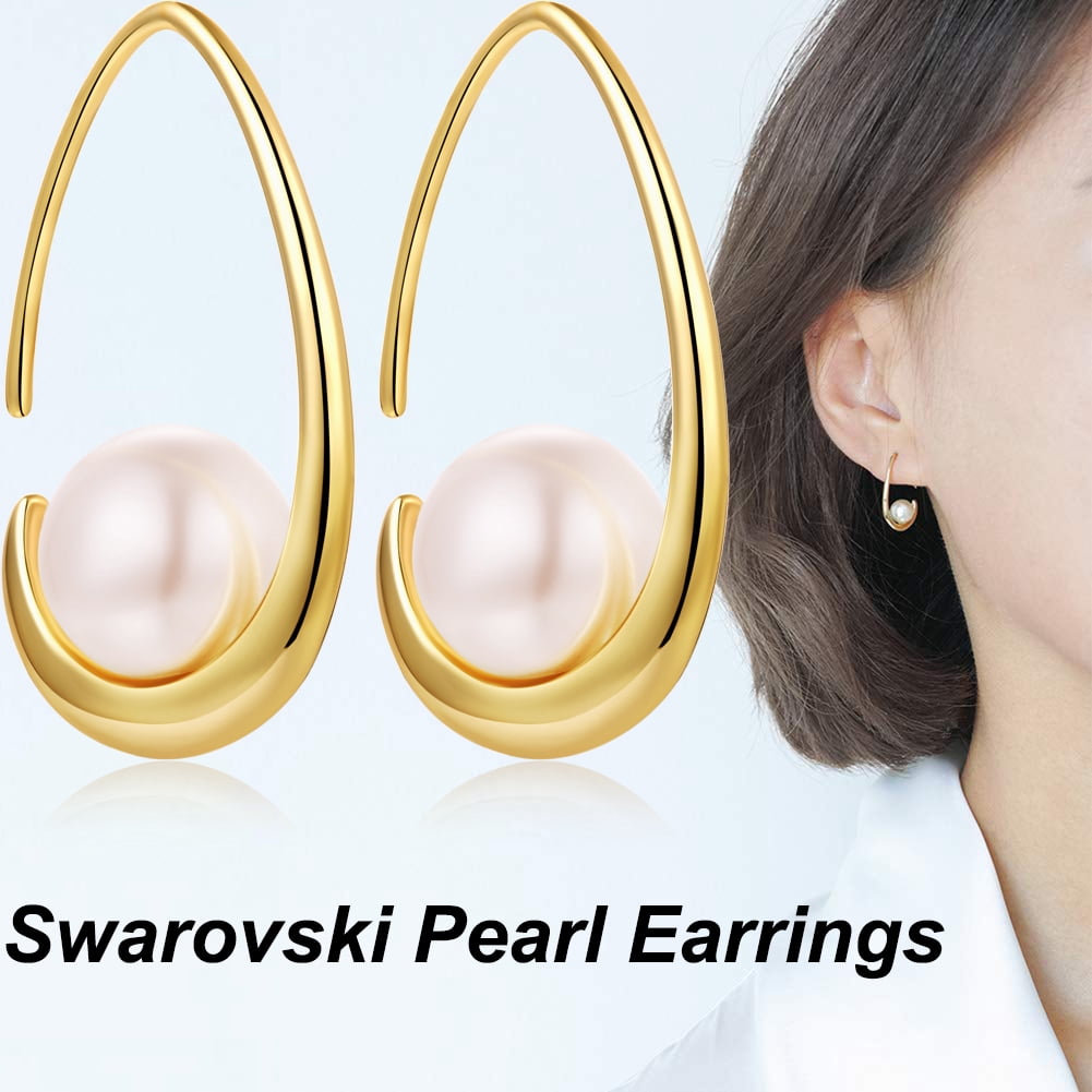 Jiamiaoi Pearl Dangle Earrings Sparkly Diamond Pearl hoop Earrings Pearl Drop Earrings Sterling Silver Pearl Earring Drop