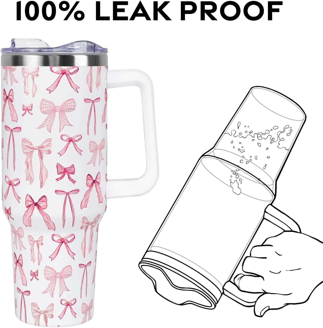 Christmas Pink Bows Tumbler with Handle and Straw Lid 40 oz,Cute Merry Xmas Gifts for Women Vacuum Insulated Leak Proof Tumbler,Winter Holiday Accessories Stainless Steel Coffee Cup Mug