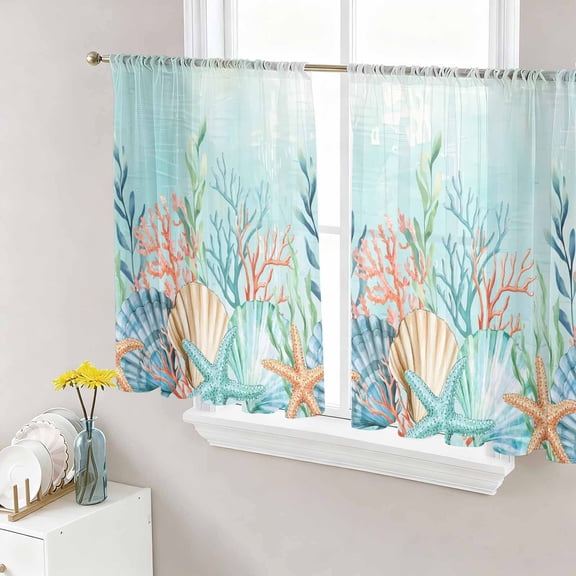 Ocean Starfish Seaweed Sheer Curtains 54 Inch Length 2 Panels Set, Summer Coastal Beach Shell Coral Teal Voile Window Treatment Rod Pocket Short Kitchen Curtains Drapes for Bedroom 52"x54"x2