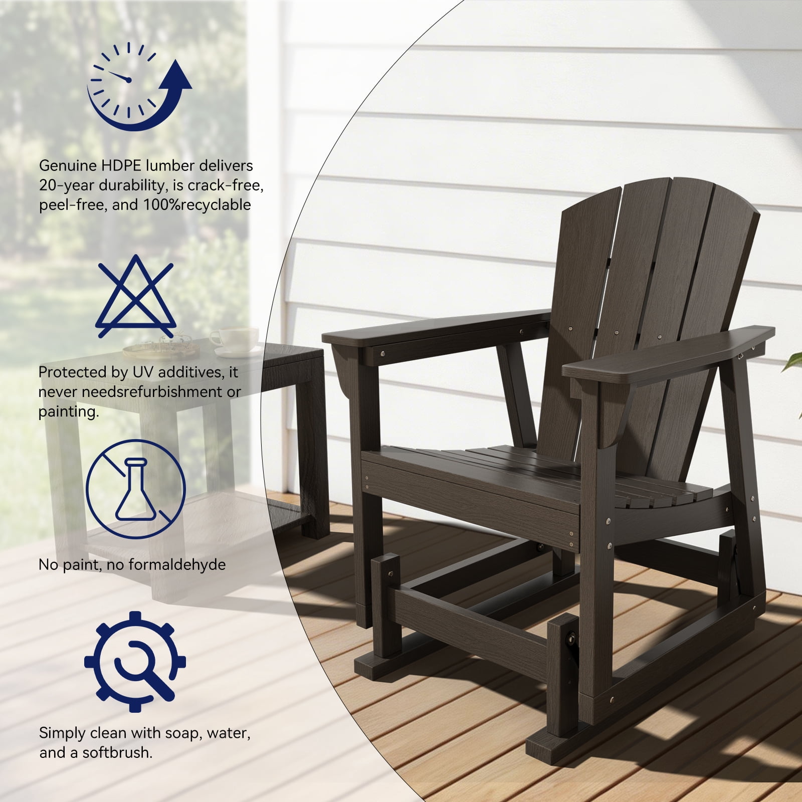 BaPiPro HDPE Adirondack Outdoor Glider Chair, Ergonomic High Back Wide Armrests All-Weather Patio Rocking Chair for Lawn Garden Porch Backyard, Black