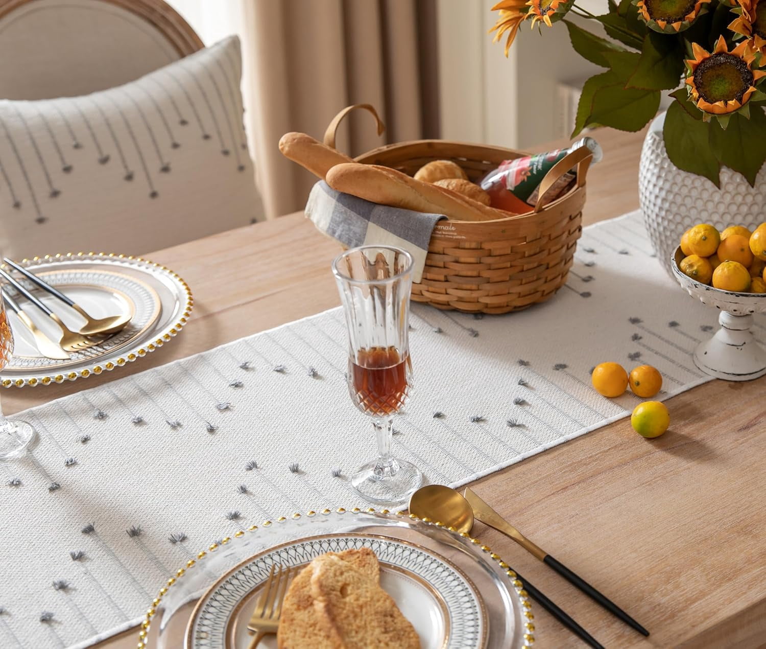 Boho Table Runner 13 x 90 Inch Long Natural Cotton Woven Runner with Tassels for Home Dining Table décor, for Modern Farmhouse Decor Coffee Table Runner, Taupe and Beige