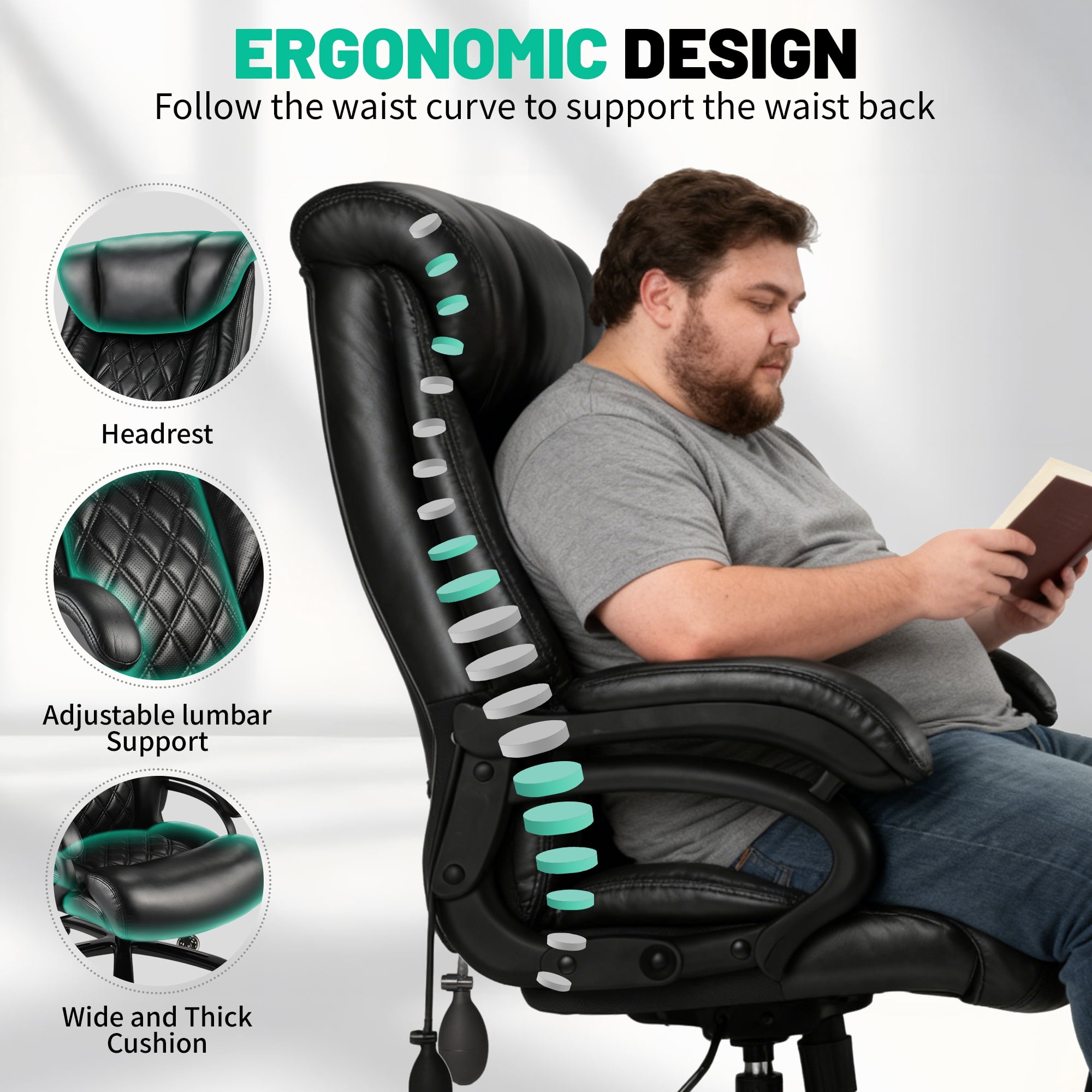 800lbs Executive Office Chairs, Big and Tall Desk Chair with Adjustable Lumbar Support, Leather Computer Chair with Quiet Rubber Wheel and Extra Wide seat