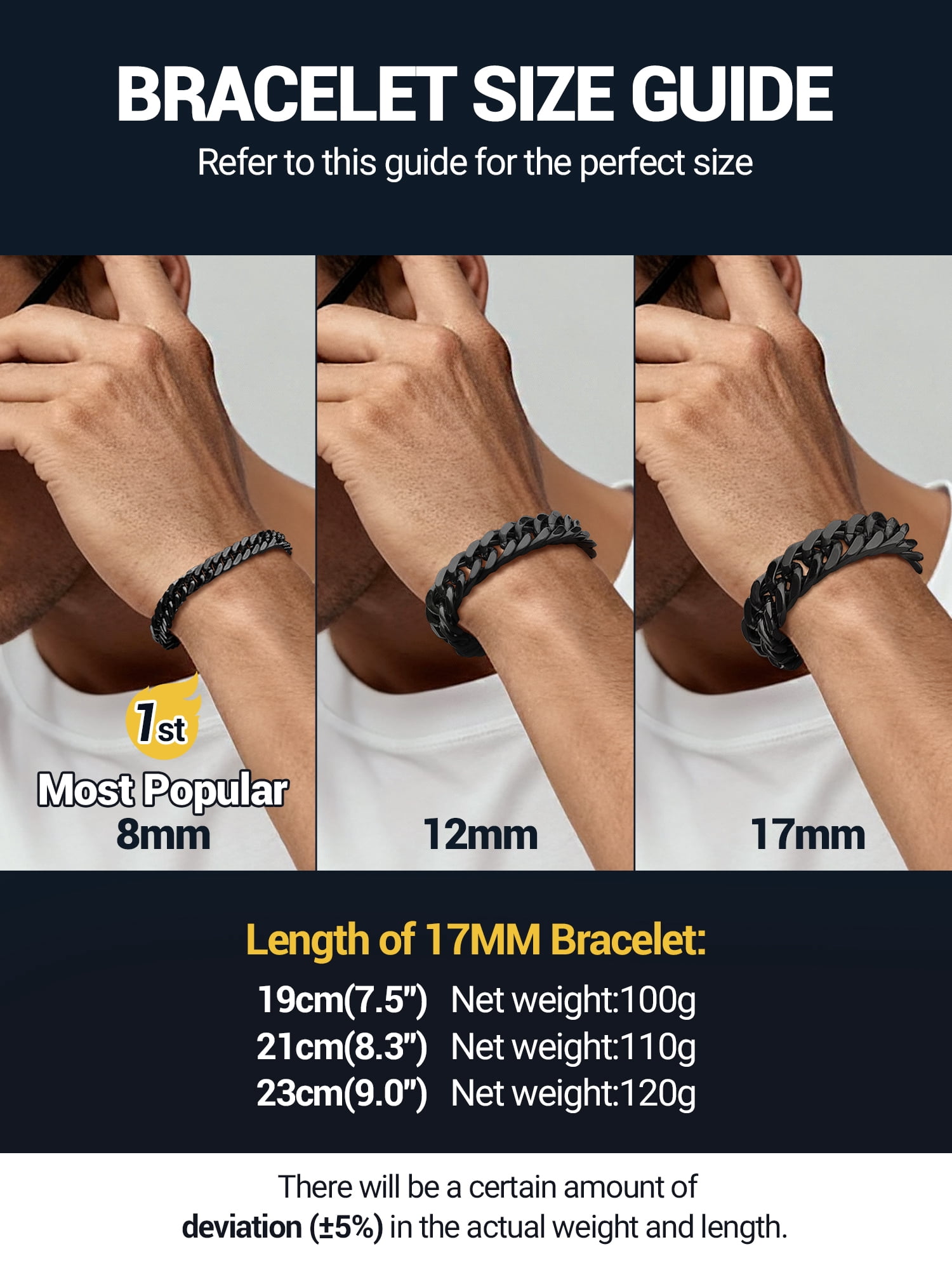 PROSTEEL Black Stainless Steel 17mm Cuban Chain Bracelets for Mens Chunky Franco Chain Bracelet 7.5 inch for Son Husband Jewelry Birthday Valentine Graduation Father Day Gifts