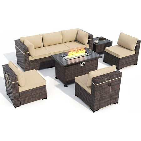 Kullavik Patio Furniture Set PE Rattan Wicker 8 Pieces Sectional Sofa Patio Conversation Set with Auto-Ignition Propane Fire Pit with Windshield and Coffee Table Sand