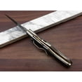 thumbnail image 2 of 8" long Folding Knife with pocket clip, Hand forged Damascus steel 3.5" blade. Bull horn scale with Damascus Bolster, Cow hide Leather sheath included with belt loop (Blue Wood), 2 of 8