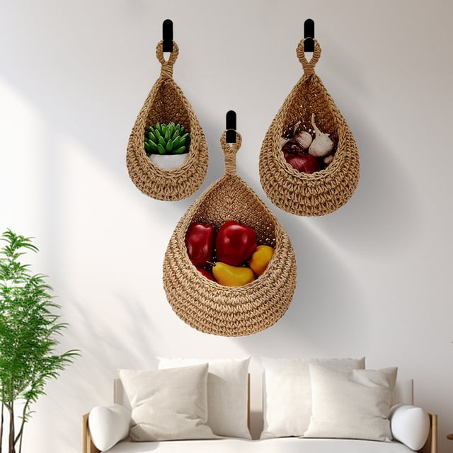 3pc Wall Vegetable Storage Fruit Basket Birdhouse Wall Hanging Teardrop Mesh Pocket Hand-Woven Wall Hanging