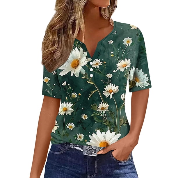 Camisetas de Verano de Manga Corta de las Mujeres Primavera Verano Casual Impreso Botón V-Cuello Superior, Marco de Imitación