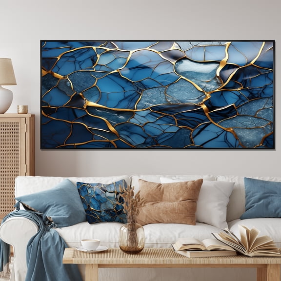 Designart "Marble Mosaic Agate in Gold and Blue Tones III" Extra Large Fractal Framed Wall Art - Modern Gold Abstract Hallway Framed Wall Art Decor