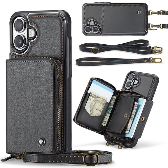 Dteck Crossbody Wallet Case for iPhone 17, RFID Blocking PU Leather Zipper Handbag Purse Flip Cover, Kickstand Folio Case with Card Slots Wrist Strap Lanyard,Black