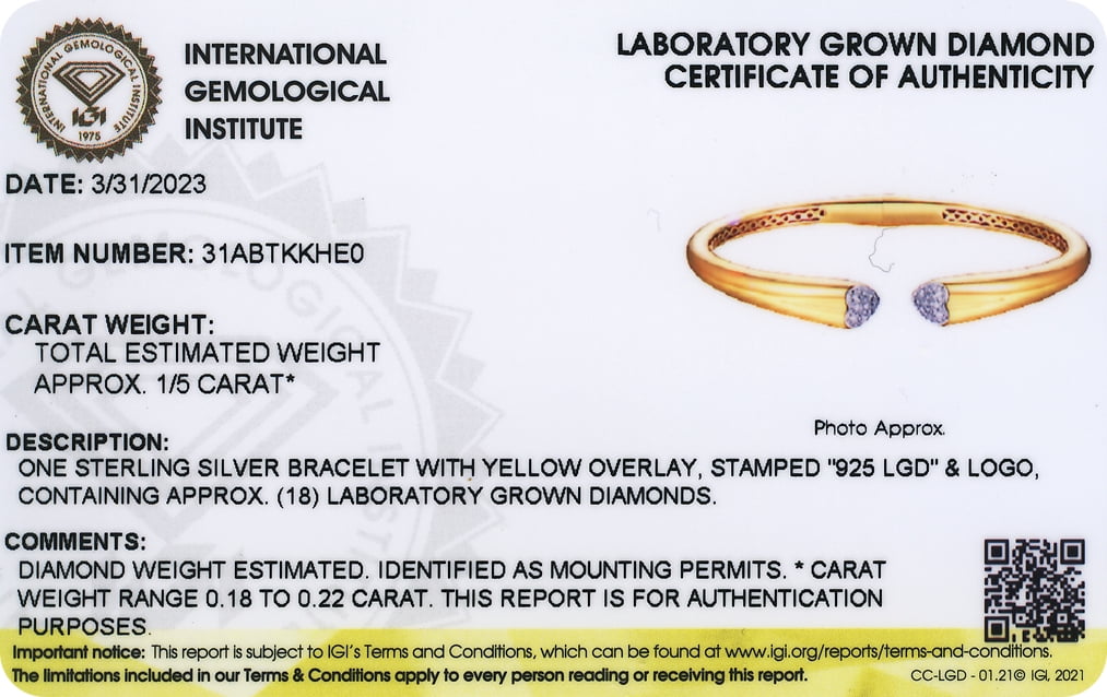 Forever Facets 1/5 CT TW Lab Grown Diamond 18K Gold over Sterling Silver Bangle, Adult Female