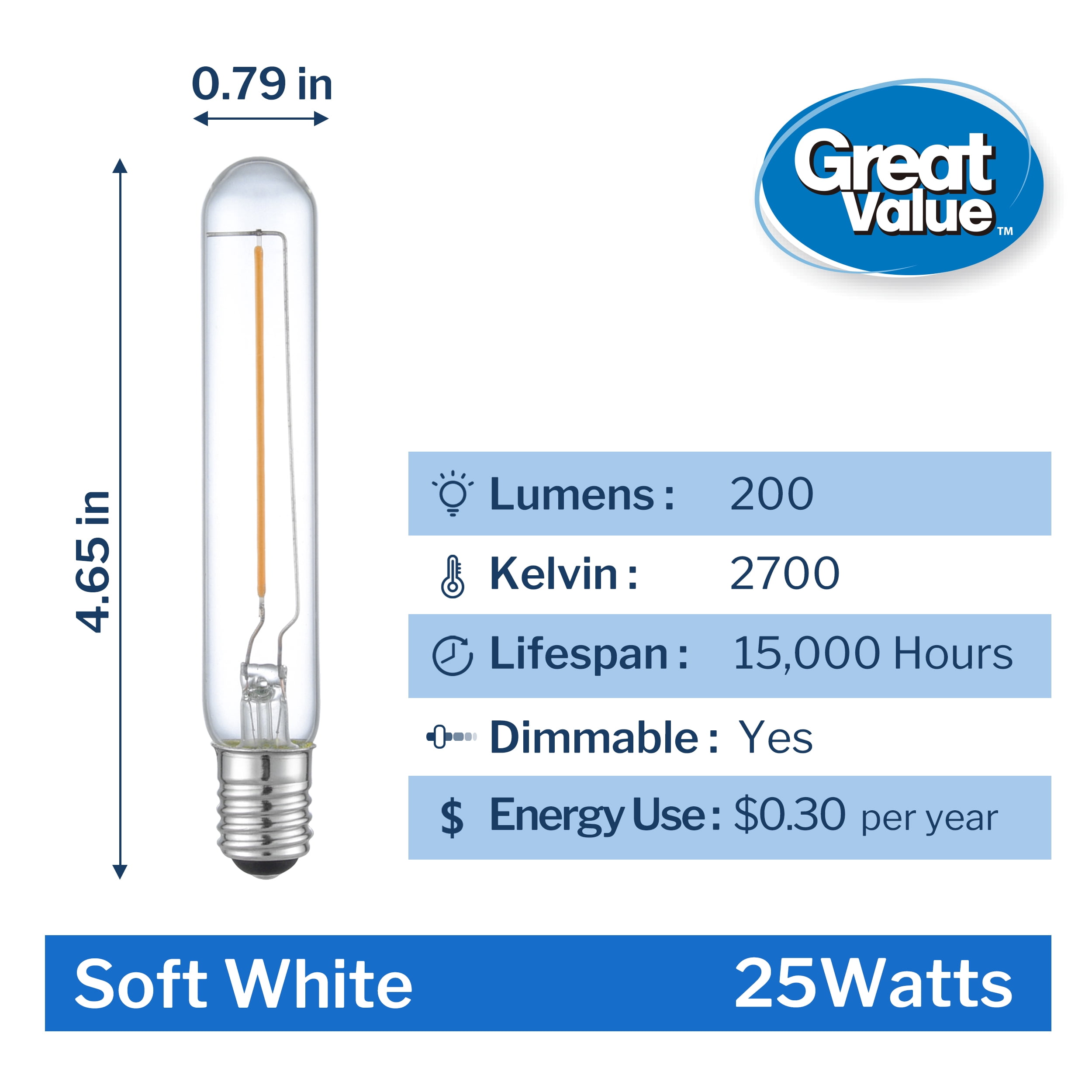 (2 pack) Great Value T6.5 LED Tubular Bulb, 2.5-Watt (25W Equivalent) Dimmable Soft White E17 Base , 1 Pack