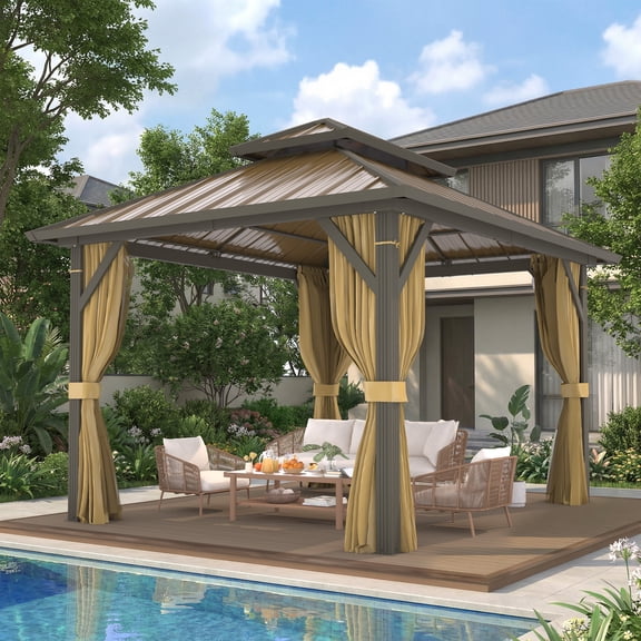 U-homy 10'x12' Hardtop Gazebo with Galvanized Steel Roof & Aluminum Frame, All-Weather Permanent Outdoor Pavilion with Mosquito Netting & Curtains for Patio