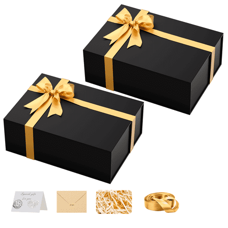 Large Black Gift Box with Lids: 13.5×10×5 inches Packaging with Magnetic Lid - Holds Christmas Birthdays Wedding Gifts - Ideal for Couples Friends Family (Black,pack of2)