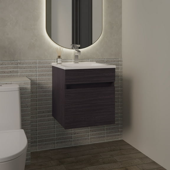 Modern Bathroom Vanity Primavera 18" Wide Floating Bathroom Vanity, With One Cabinet And Two Shelves, Black,Wooden Bathroom Vanity