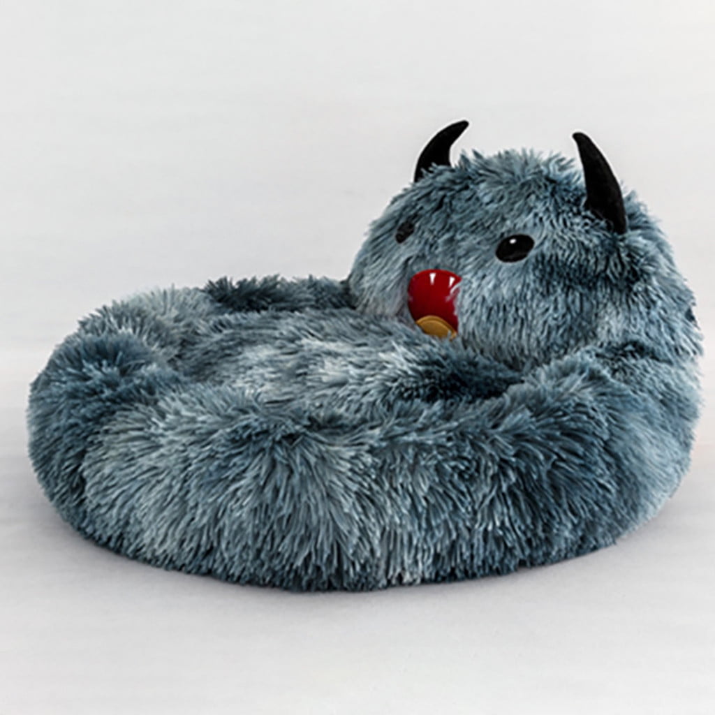 PureCasa Semi-Enclosed Cute Dog Cat Bed for Fall Winter, Comfortable Long Plush Fluffy Pet Pad House Thermal Kennel, Creative Sleeping Cushion Pads for Small Cats Dogs, Round, 1 Pack, L, Blue