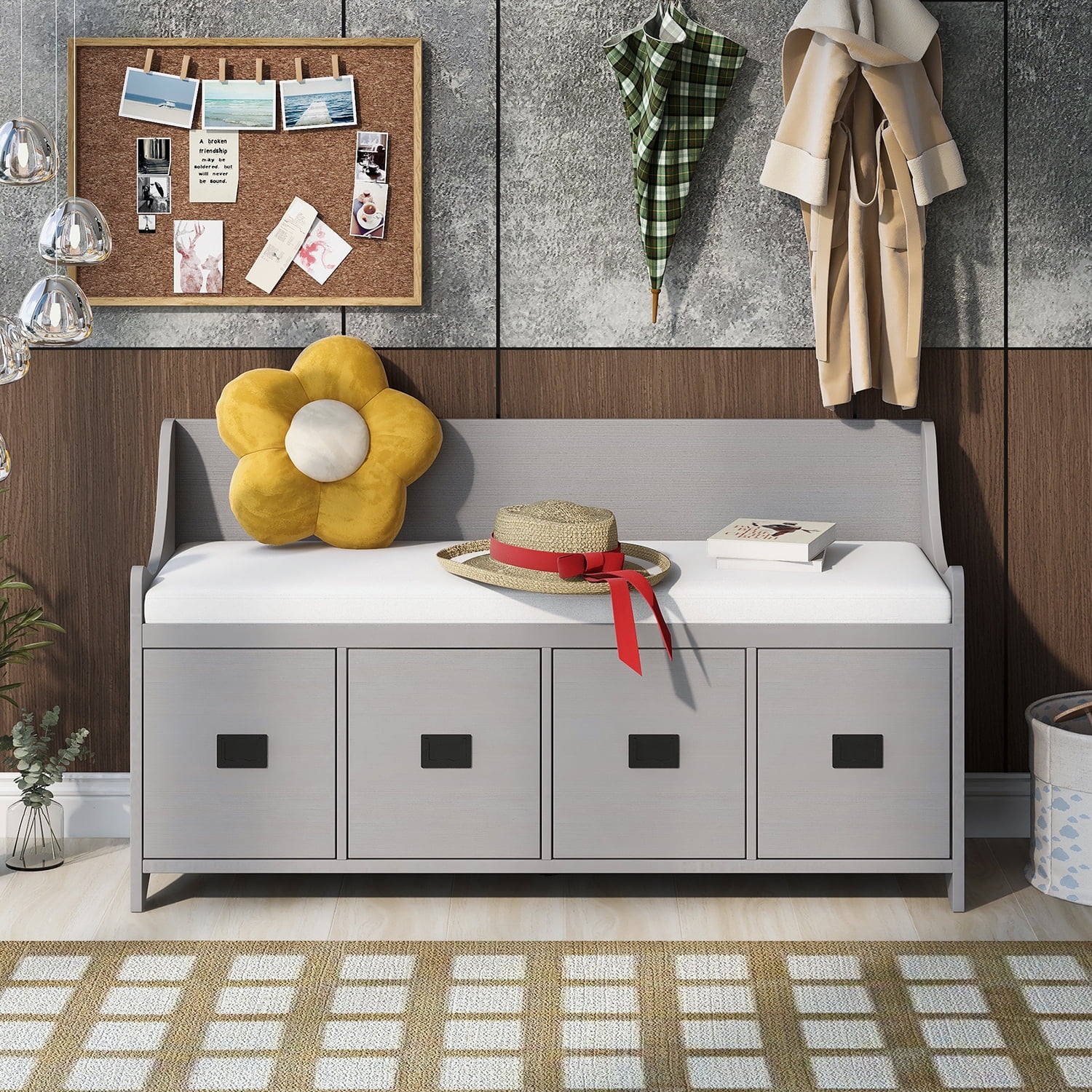 Kadyn Movable Cushion Storage Bench, MDF Storage Bench with Drawers and Backrest, Modern Entryway Shoe Bench for Entryway, Gray Wash Kadyn Movable Cushion Storage Bench, MDF Storage Bench with Drawers and Backrest, Modern Entryway Shoe Bench for Entryway, Gray Wash