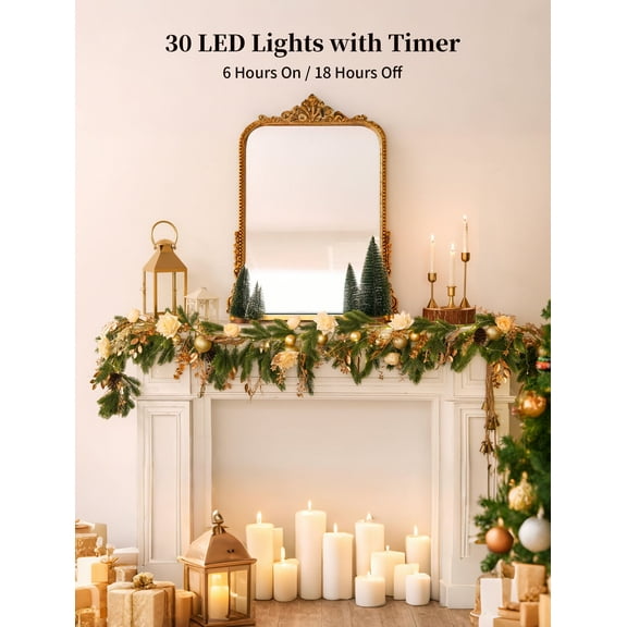 Nuptio 6ft Pre-Lit Gold Christmas Garland with 30 LED String Lights Battery Operated, Garland for Front Door Stairs Railing Mantle Decor,1pc