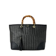 C. Wonder Women’s Adult Juno Faux Straw Tote Bag with Bamboo-Look Handles Black