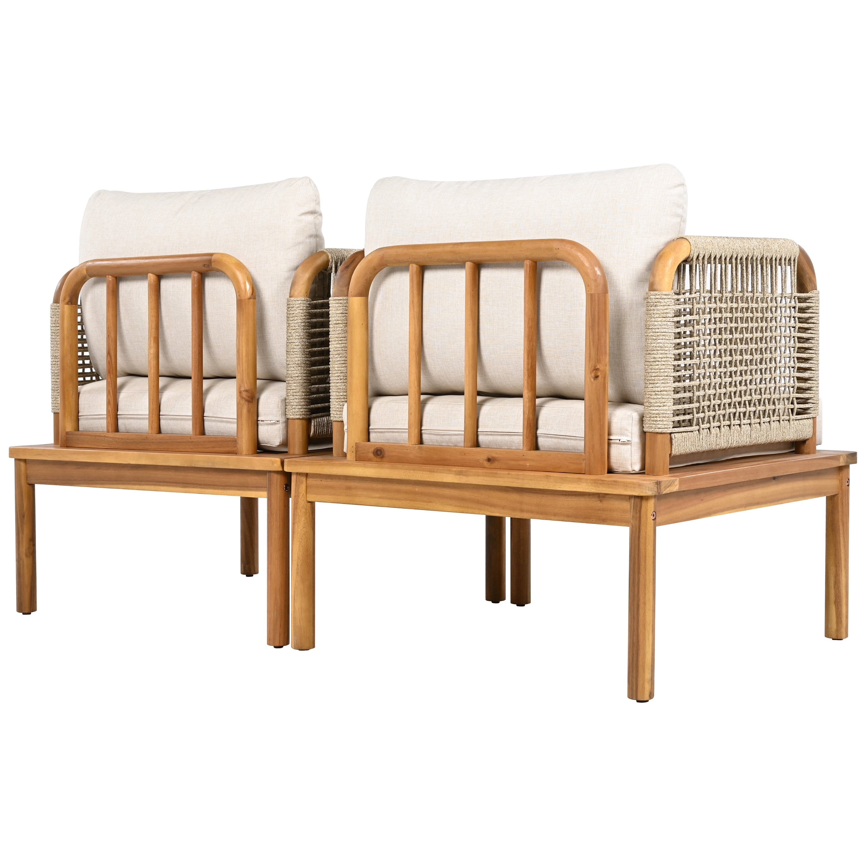 Outdoor Acacia Wood & Rope Club Chair Set of 2 with Plush Cushions, Weather-Resistant Patio Lounge Chairs for Garden Porch Backyard, Teak+Beige