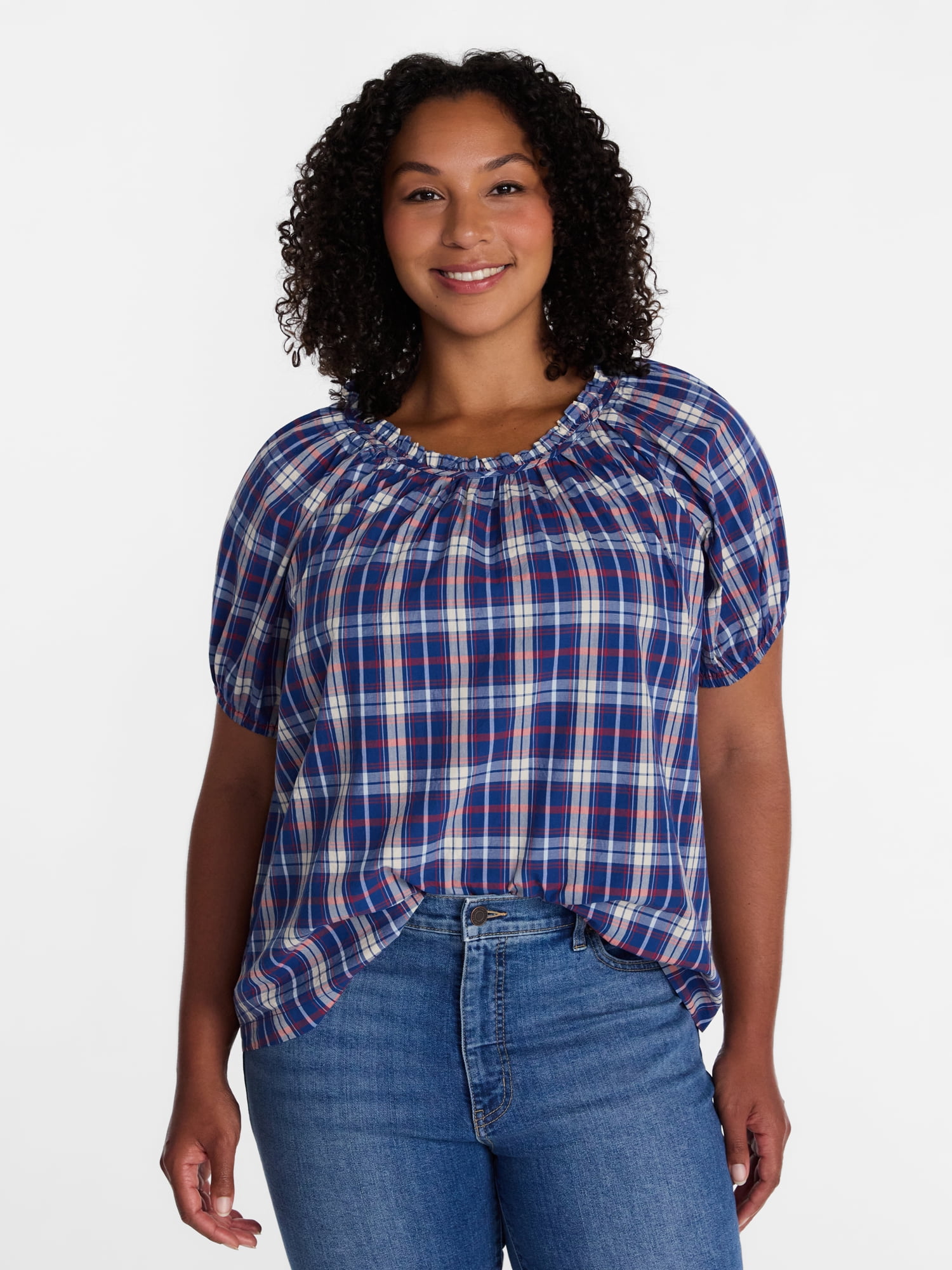 Time and Tru Women's Ruffle Neck Cotton Top with Short Puff Sleeves, Sizes XS-XXXL