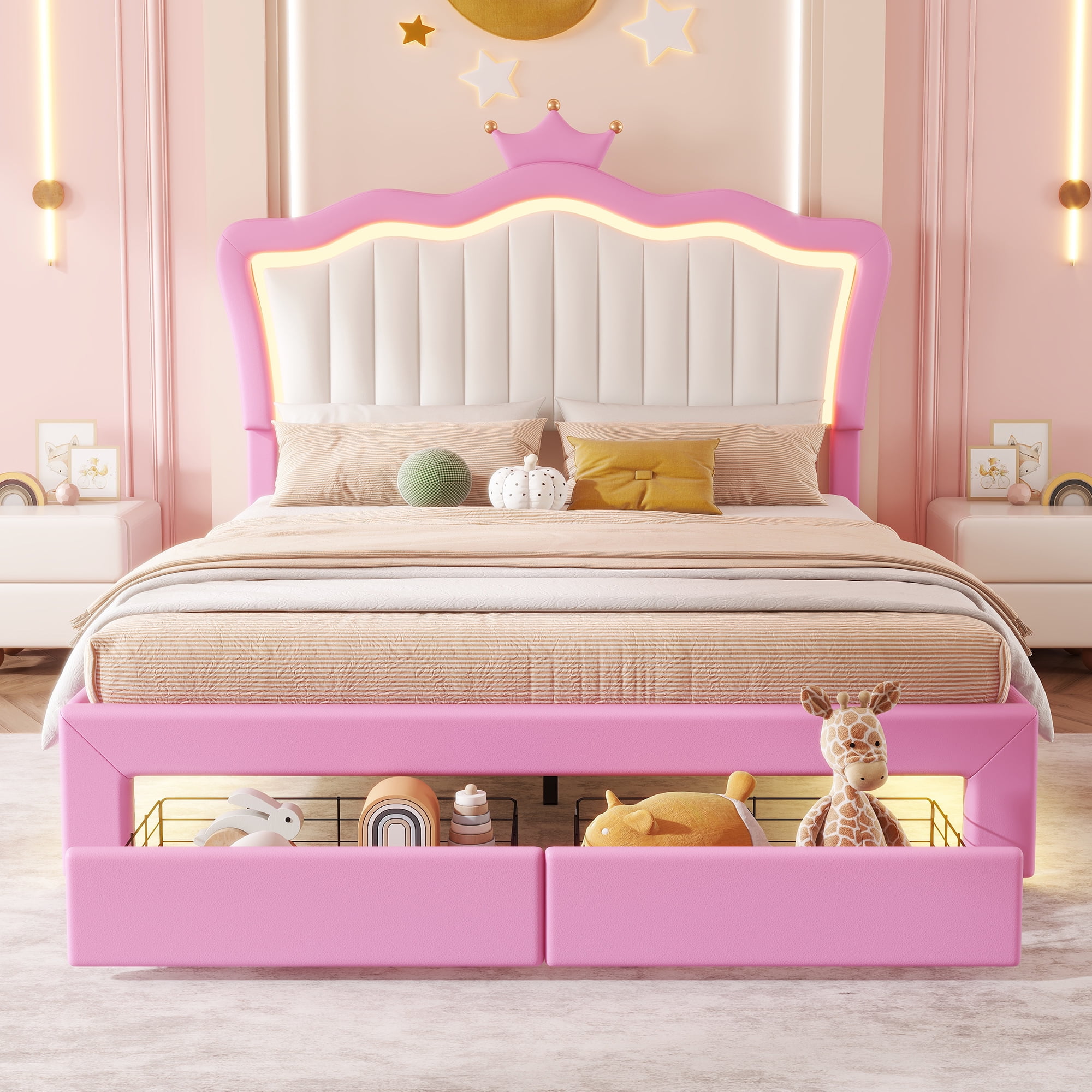 Miniyam Upholstered Full Size Bed with LED Lights, Crown Headboard for Kids, Pink
