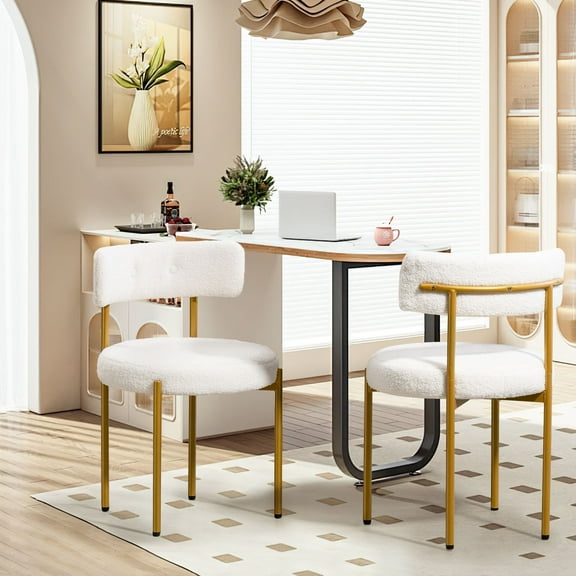 Homhum Mid-Century Modern Dining Chairs Set of 2, Upholstered Boucle Chairs, Indoor, White/Gold