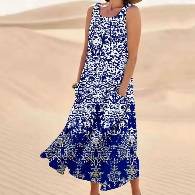 LOVZFMLL Robes Sans Manches pour Femmes et Col Rond en Lin Imprimé Longue Robe avec Poche