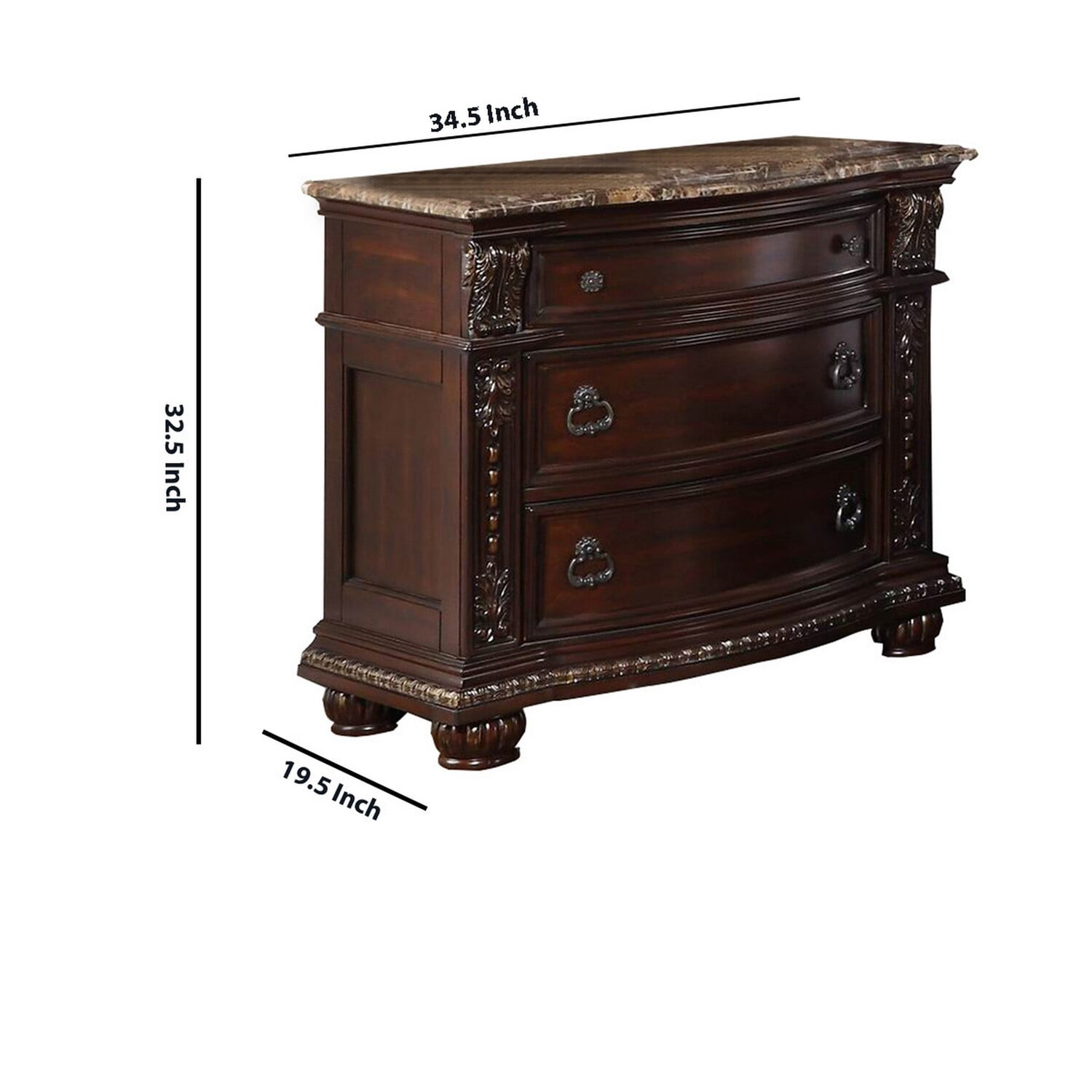 European Style Nightstand with 3 Drawers and Marble Top, Dark Cherry Brown- Saltoro Sherpi