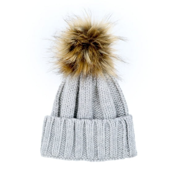 Aqua Women's Italian Alpaca Wool Knit Beanie with Pom Pom Cap Gray