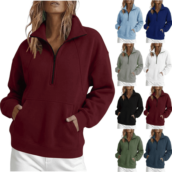 Liuinsasek Womens Half Zip Lapel Casual Sweatshirts Solid Color Sports Loose Hoodless Sweatshirt Winter Loungwear Outfits