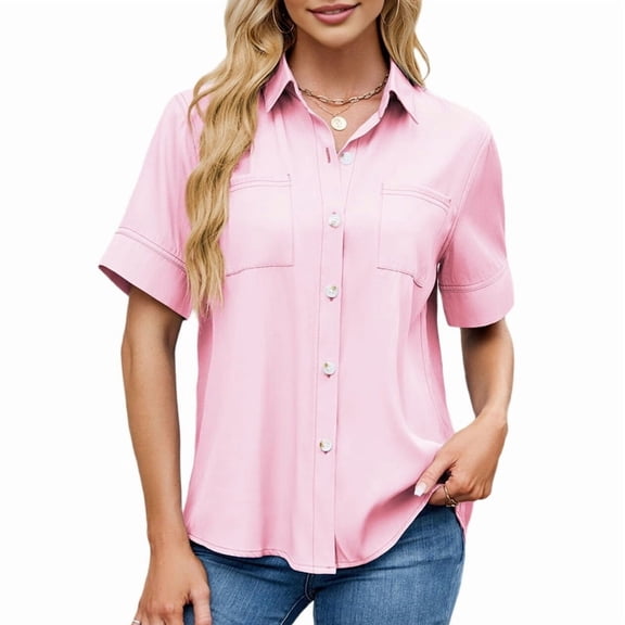 Womens Button Down Shirt Casual Short Sleeve Collared Work Blouse with Pocket Pink XXL