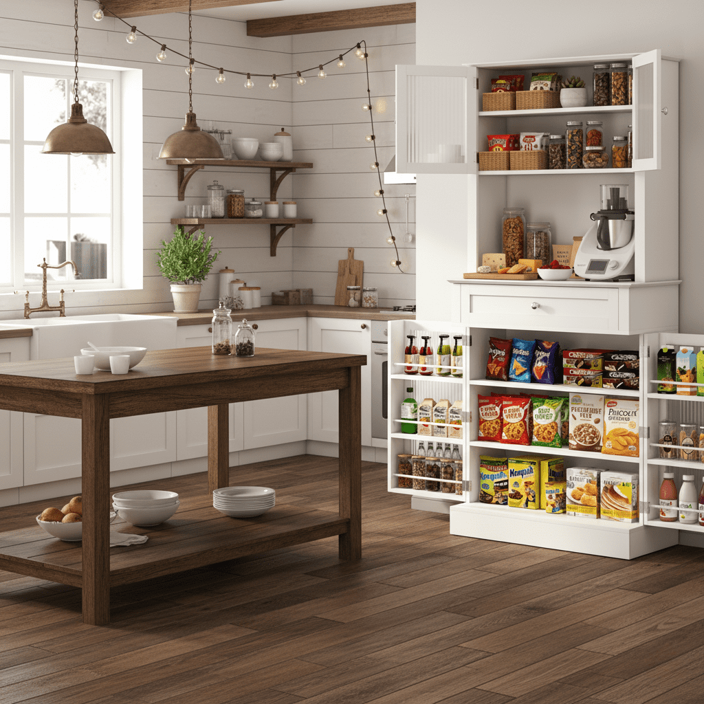 Danpinera Home 70" Tall Kitchen Pantry Cabinet with Hutch & 4 Glass Doors, Microwave Stand with Drawers, White
