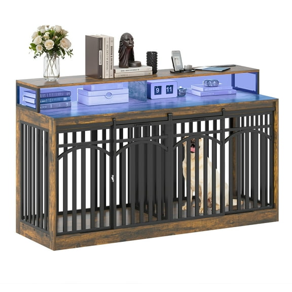 Uforic 71-Inch Heavy Duty Dog Crate TV Stand with LED Light, Power Outlets, and Storage Shelves for Medium to Large Dogs