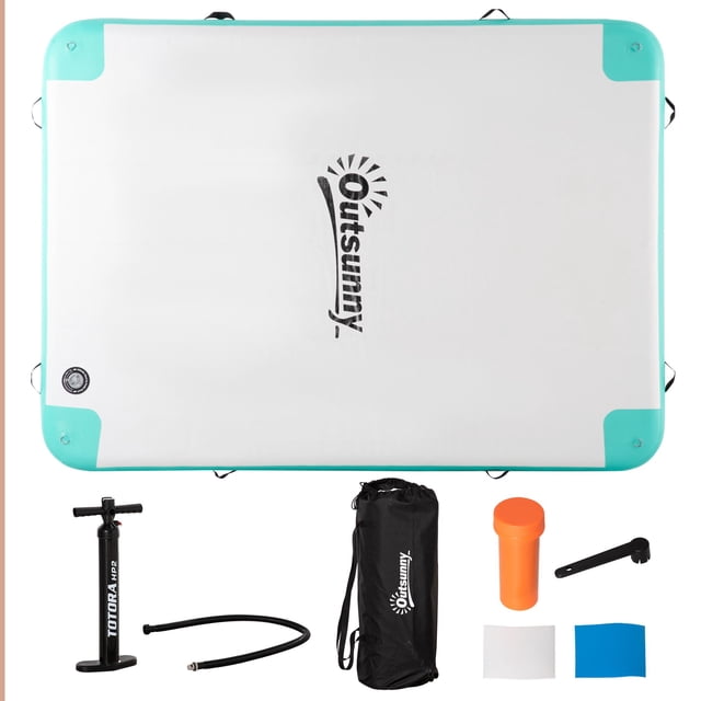 Floating Water Dock with Air Pump - 8' x 6' Inflatable Island Mat for Pool, Beach, Lake - Blue & Green, 880lb Capacity