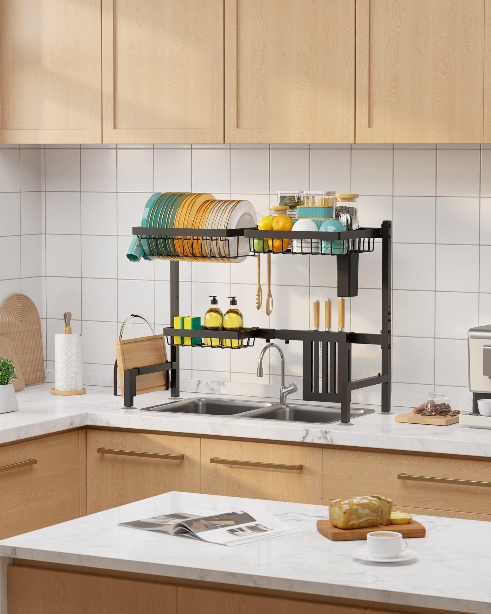 Over The Sink Dish Drying Rack - Adjustable 2 Tier Large Capacity Stainless Steel Drainer With Cutlery & Utensil Holders  Kitchen Storage Organization 30"-33.9" L X 11" W 21.5" H Black