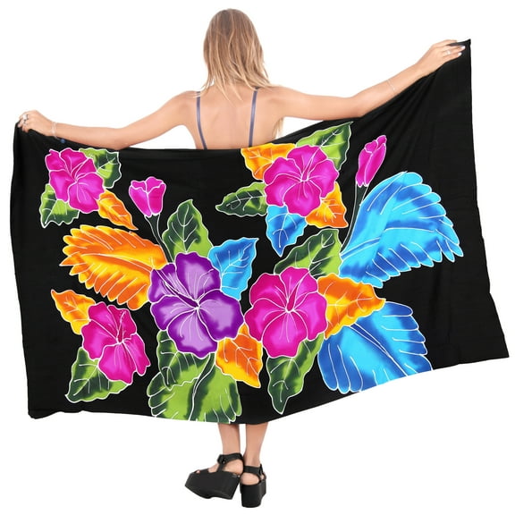 HAPPY BAY Women's Beach Wrap Bikini Swimwear Swim Cover up Bathing suit Summer Wraps Swimsuit Beachwear Sarong Coverups Skirts for Women One Size Coal, Allover Hibiscus