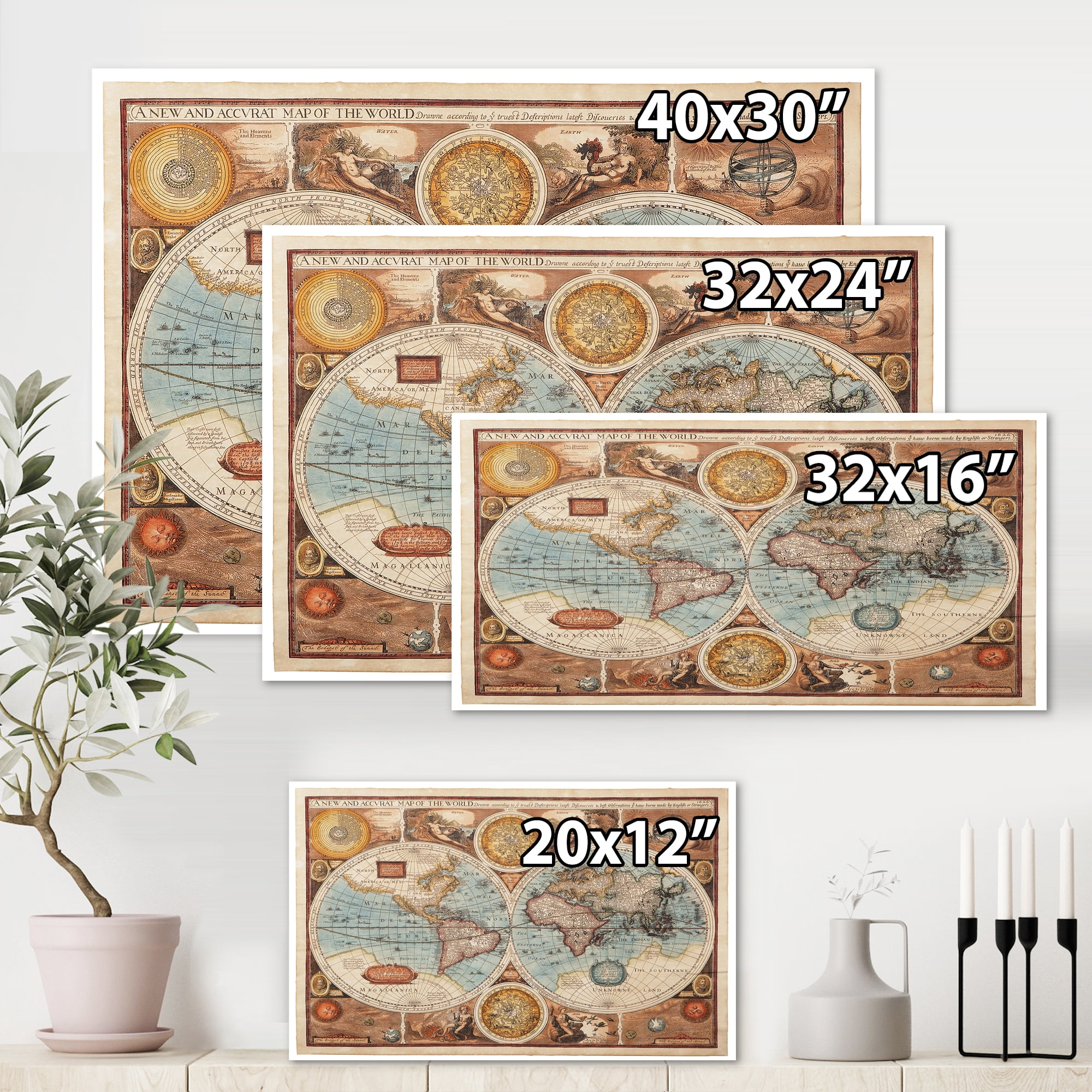 Vintage Map of The World VIII 32 in x 16 in Painting Canvas Art Print, by Designart