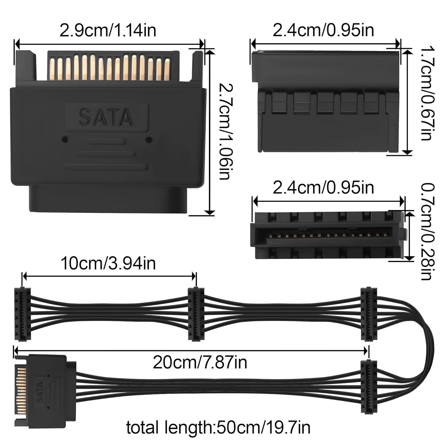 HRTGFD-SATA 15PIN Male to 4 SATA 15 Pin Female Power Splitter 1 to 4 Serial ATA Powered Expansion Cable for PC/NAS/Server SSD/HDD, DVD/CD-ROM - 20.5 in.