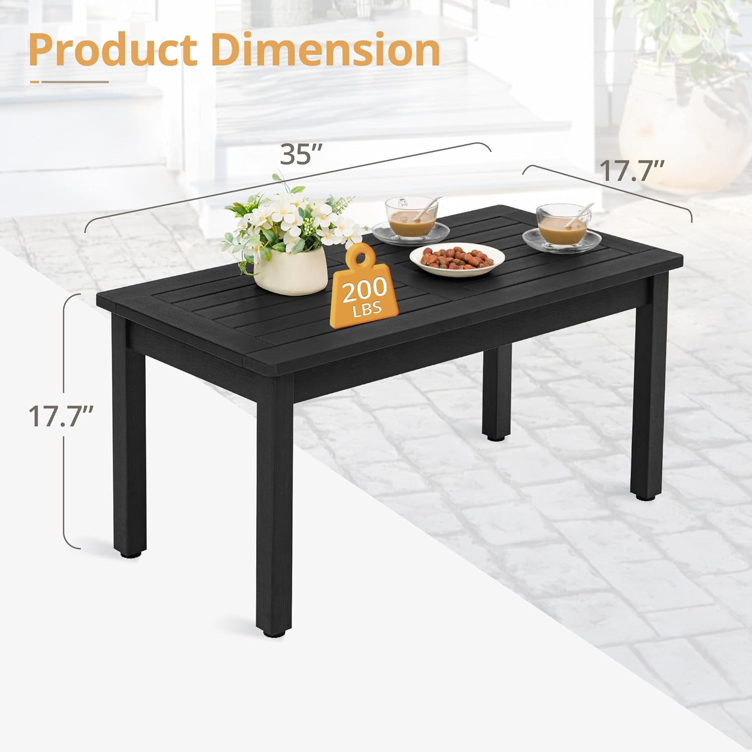LUE BONA Outdoor Coffee Table Rectangle, HDPS Patio Table for Outside, 17.7"x 35"x 17.7", Black