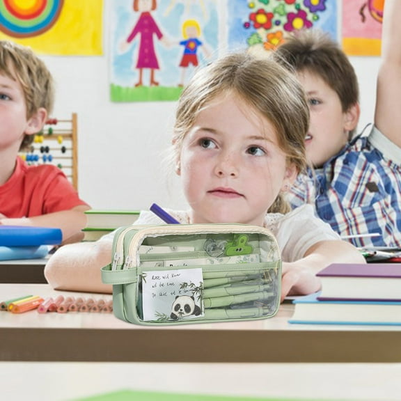 Hovmgk Large Mesh Organizer Bag, Transparent PVC Pouch with Dual Compartments for Stationery & Cosmetics, Office & Travel Organizer, Lightweight & Durable, Red/Blue/Green