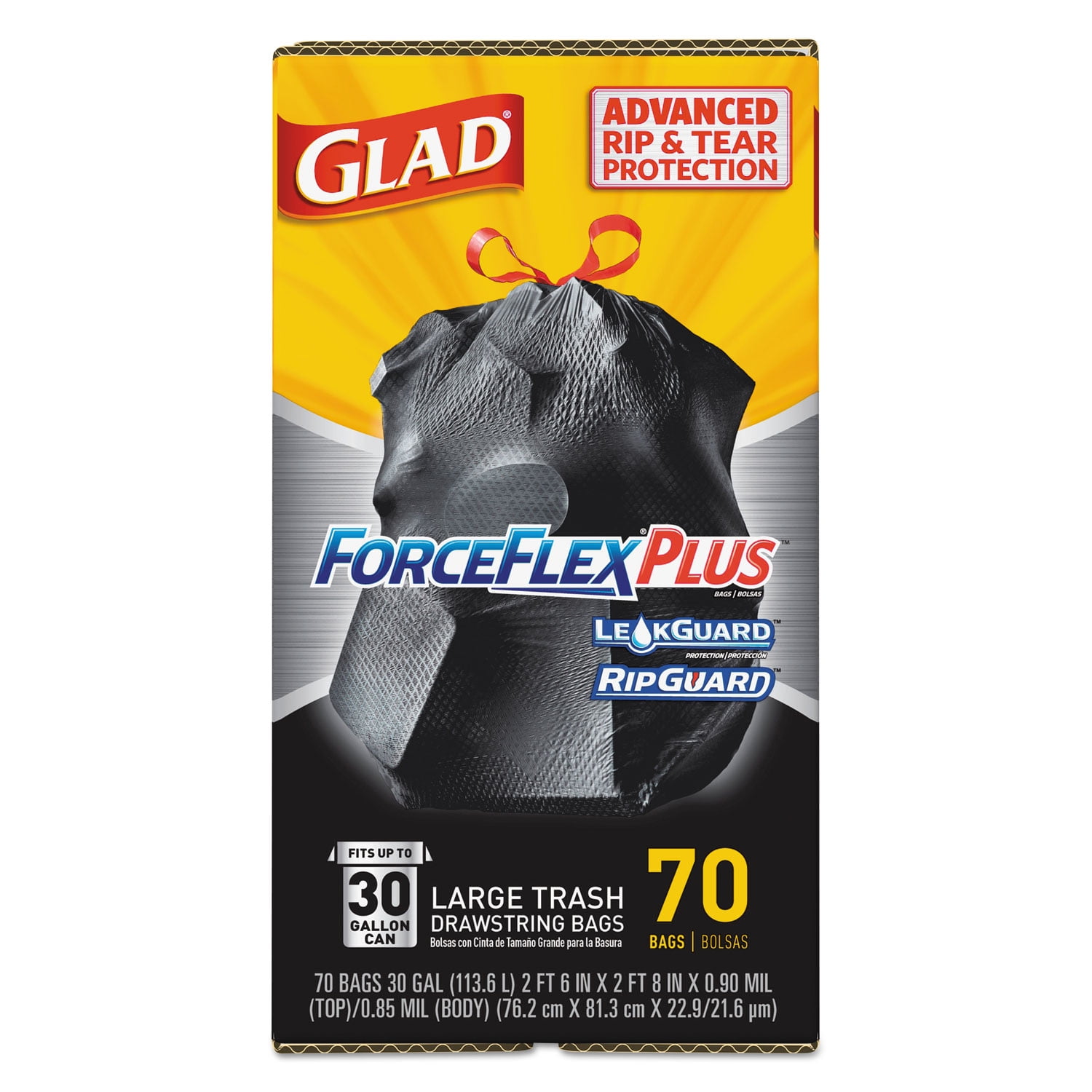 Glad 70358 30 in. x 32 in. 30 gal. 1.05 mil ForceFlexPlus Drawstring Large Trash Bags - Black (70/Carton)