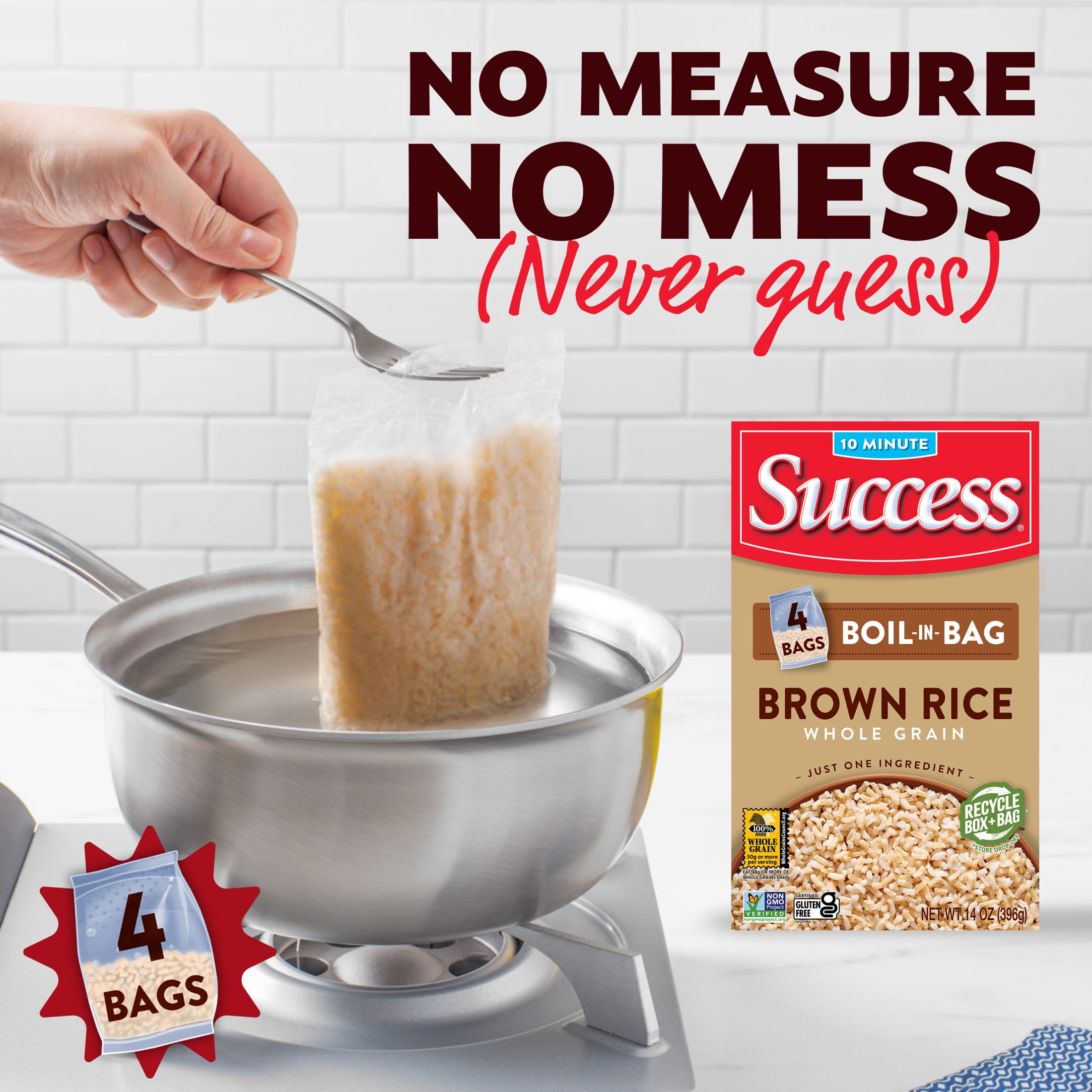(12 pack) Success Boil-in-Bag Brown Rice, Gluten Free, Non-GMO, 14 oz Bags, 4 Count